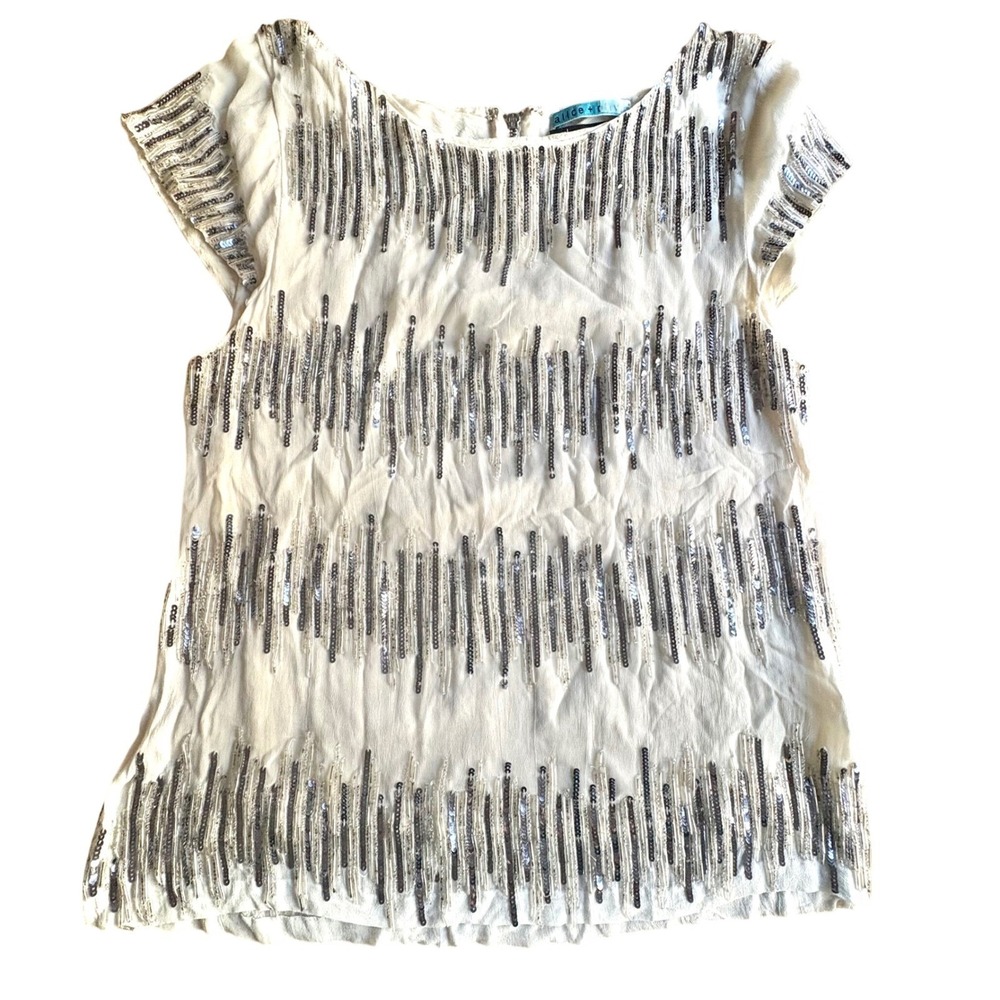 $695 ALICE + OLIVIA x Bergdorf Goodman Ivory Sequin Embellished Silk Top MED EUC